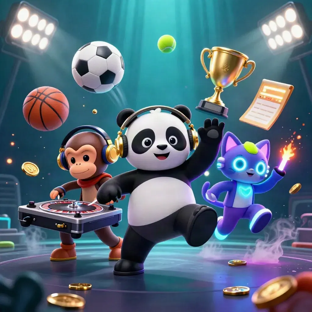 Panda DJ, monkey, and glow-stick kitten amid flying balls, coins, and neon casino lights