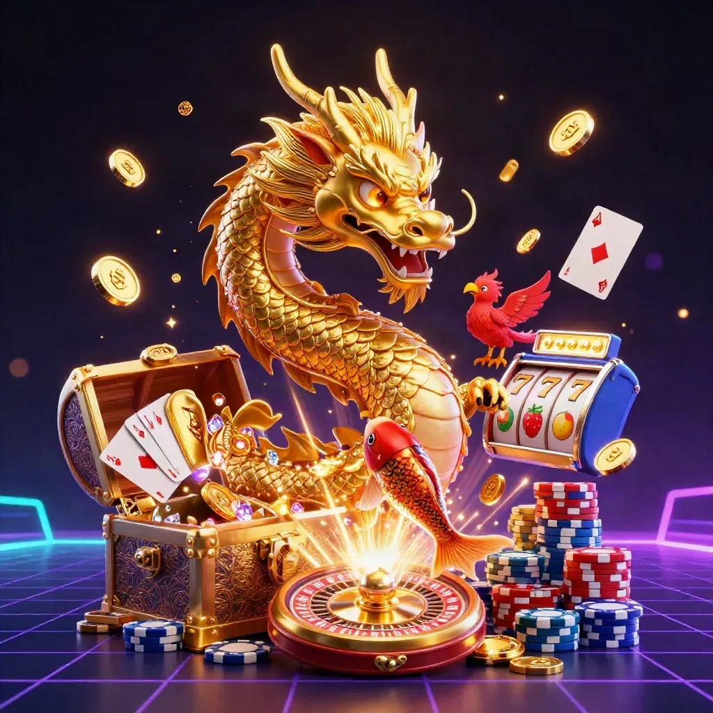 Golden dragon with phoenix and koi exploding with coins, gems, reels and neon casino light.