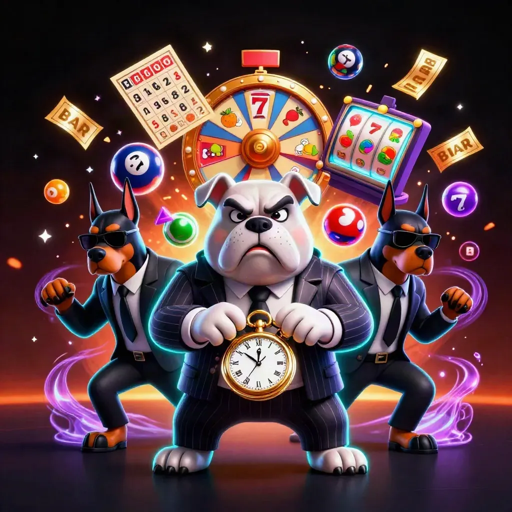 Bulldog mafia boss and Doberman guards amid slot symbols, neon energy, and casino treasure.