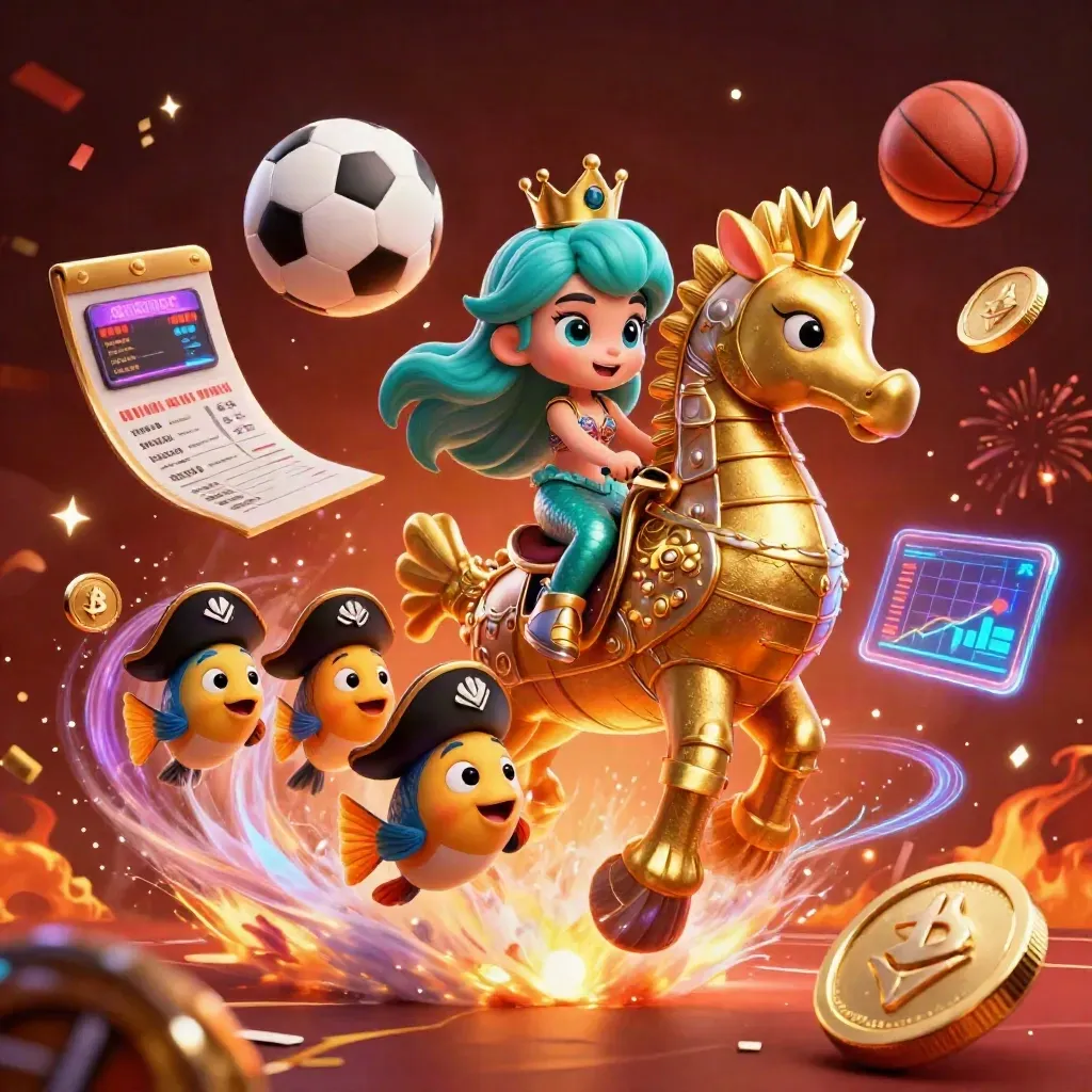 Mermaid princess rides a gold seahorse through neon coins, sports balls and sparks