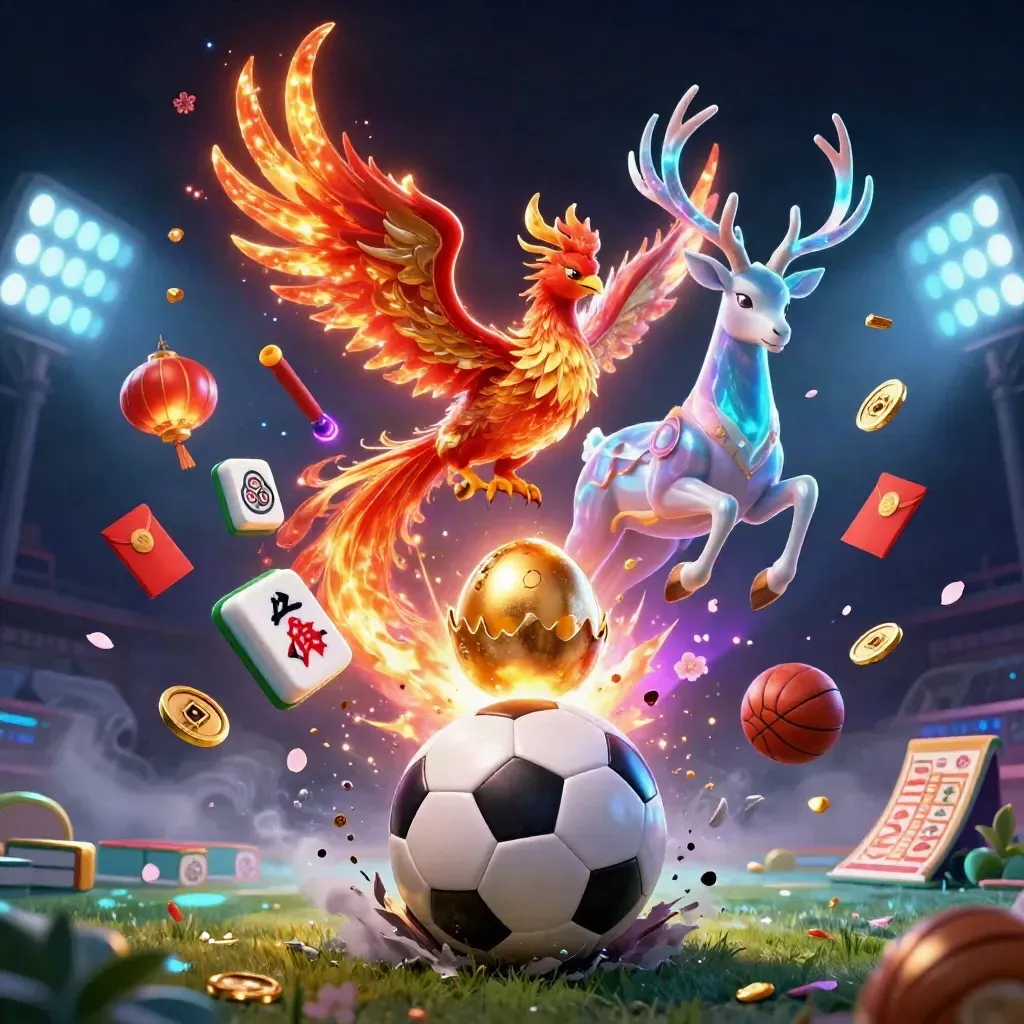Phoenix, stag and sports balls exploding in a neon casino fantasy scene.