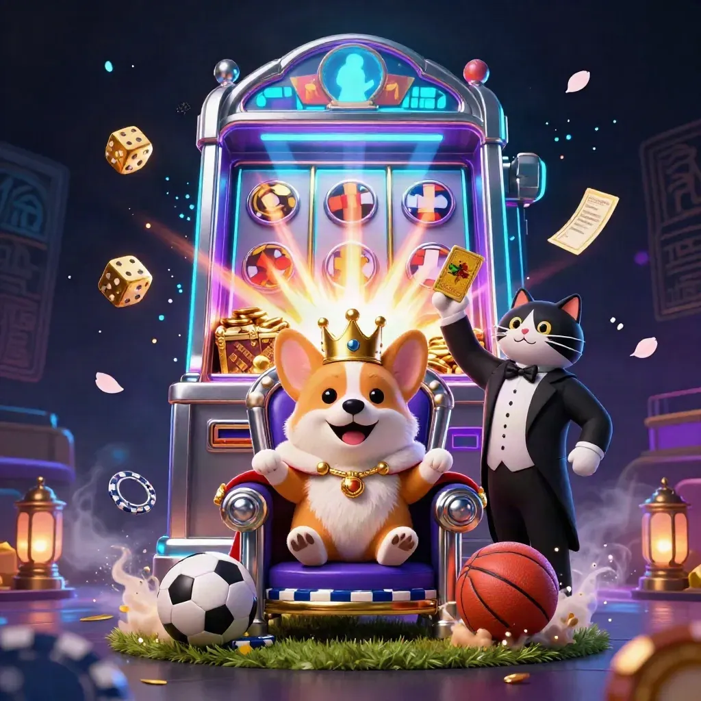 Crowned corgi and cat butler amid slot bursts, gold dice, and flying sports balls in neon casino light.