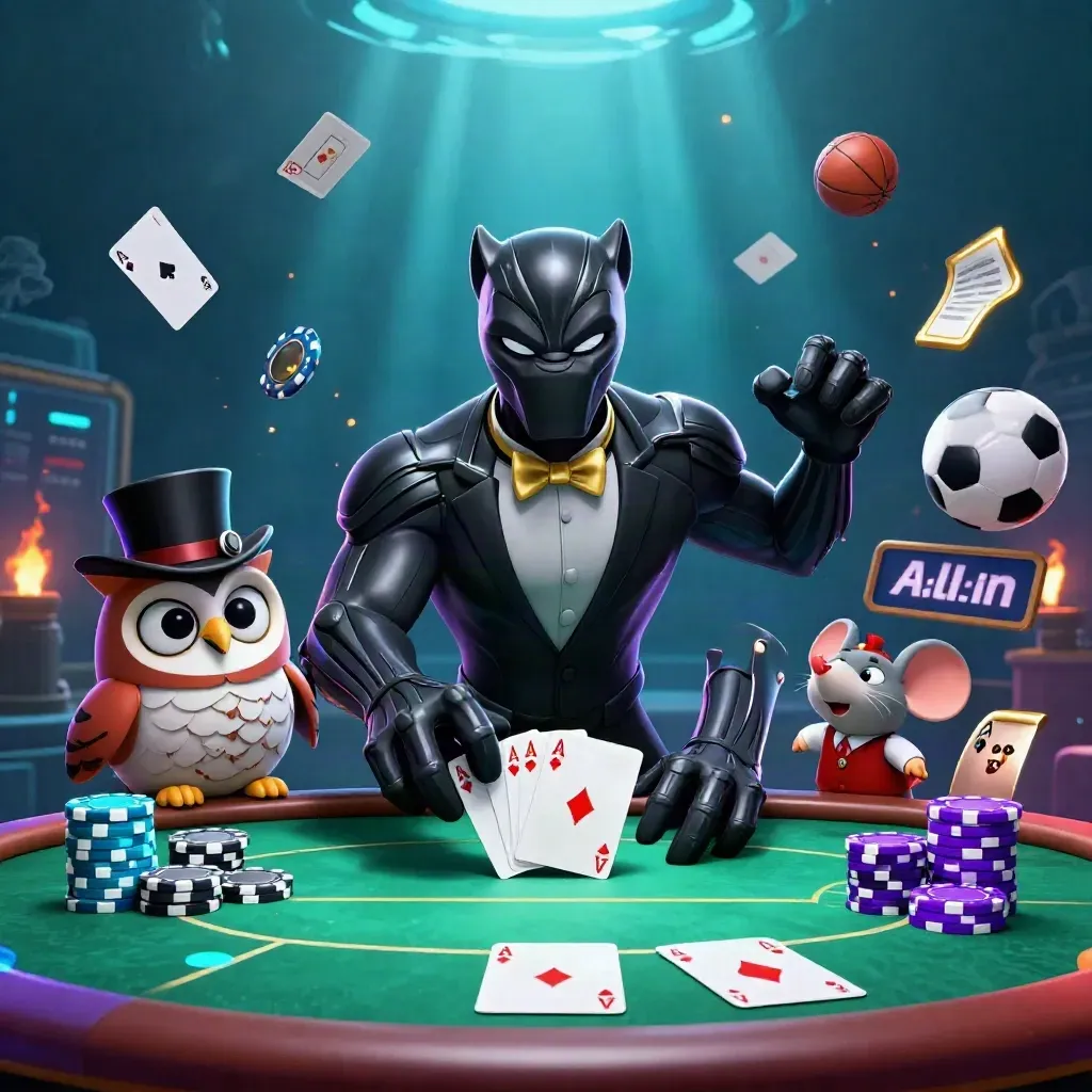 Panther, owl, and mouse at a glowing casino poker table with chips and sports balls.