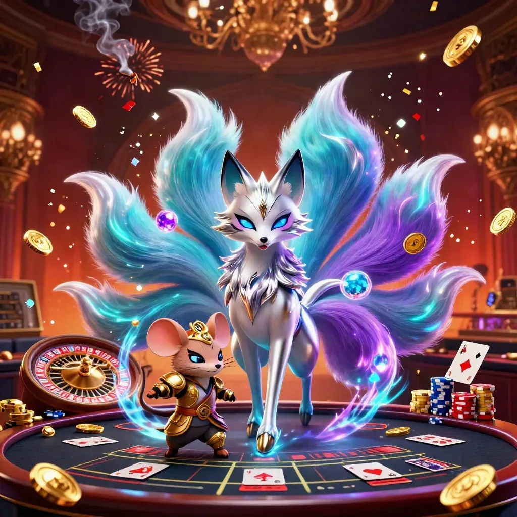 Neon fox spirit and armored mouse amid spinning roulette, coins, cards, chips, and casino glow
