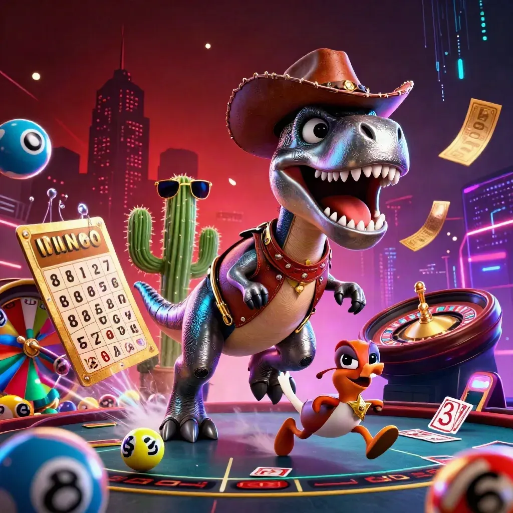 Cowboy T-Rex, cactus sidekick, and roadrunner amid casino lights, roulette, bingo balls, and neon streaks.