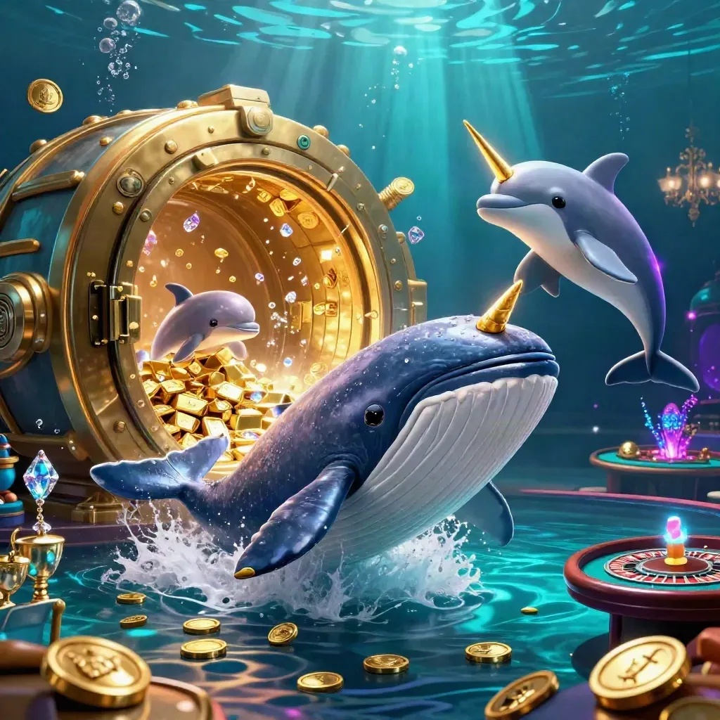Whale, narwhal, and dolphins in a glowing underwater casino of gold, gems, and light.