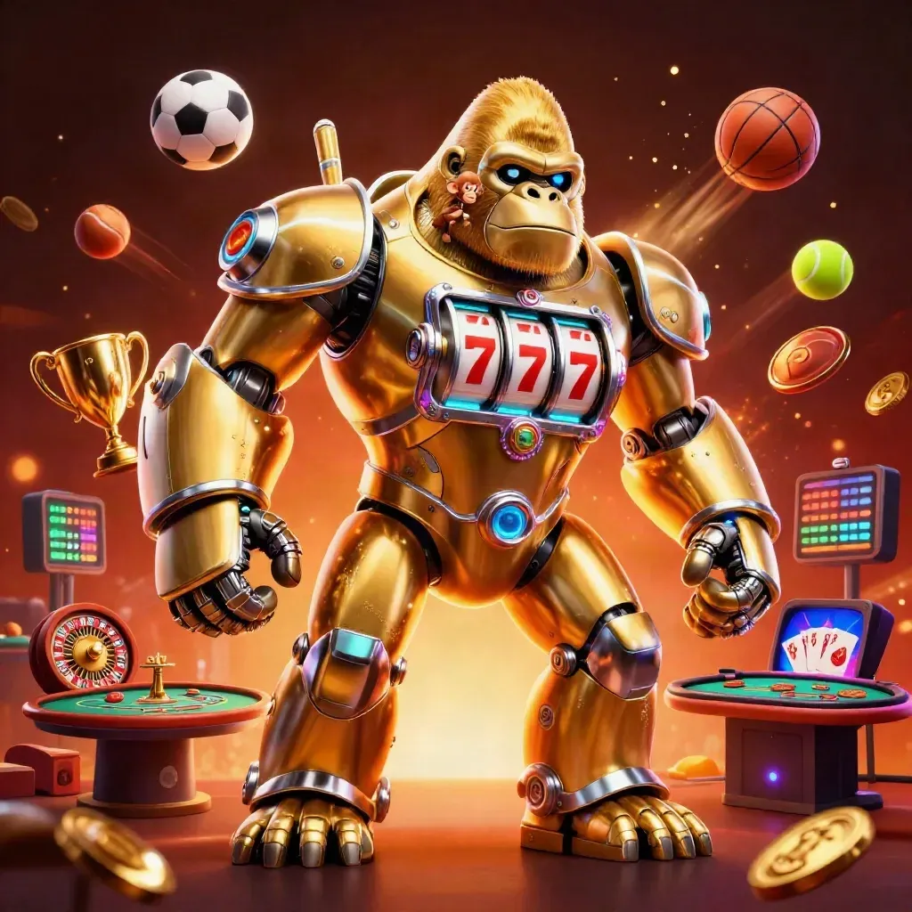 Golden gorilla mech with monkey pilot amid casino lights, coins, balls, and glowing tables.