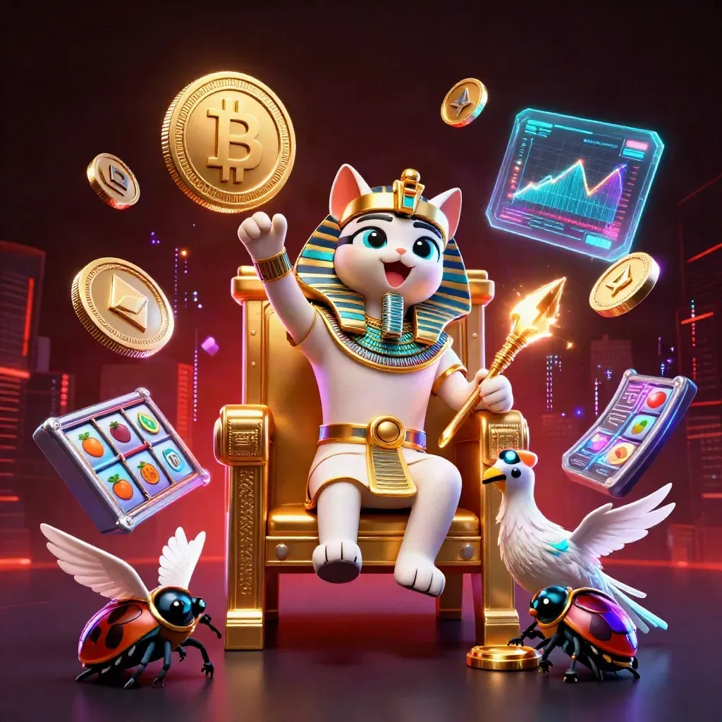 Pharaoh cat and ibis scribe amid scarabs, coins, lightning, and neon casino tech on a dark crimson glow.