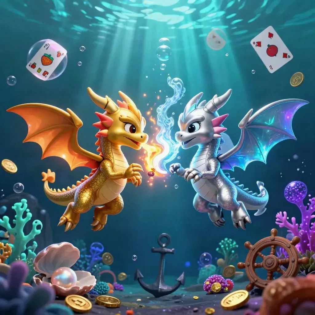 Twin gold and silver dragons spiral through an underwater treasure cove with cyan glow and bubbles.