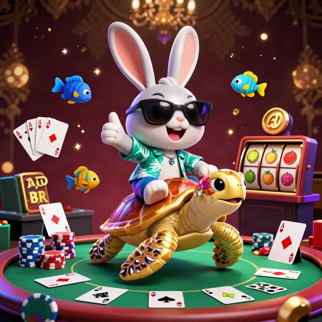 Lucky rabbit rides a gem-shell sea turtle amid poker chips, cards, reels, and neon casino glow.