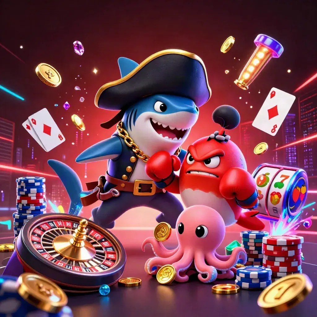 Pirate shark, boxing pufferfish, and coin-juggling octopus in a neon casino treasure burst.