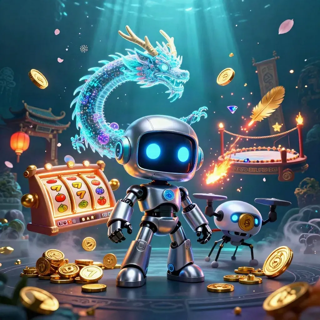 Cyberpunk robot, holographic dragon and coin drone amid neon loot in a temple arena.