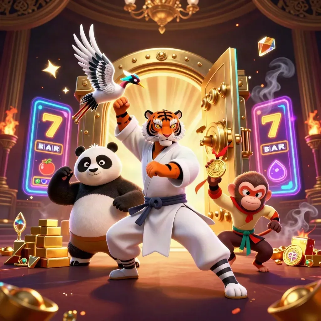 Kung-fu tiger, panda, and monkey erupting from a treasure vault in neon casino chaos.