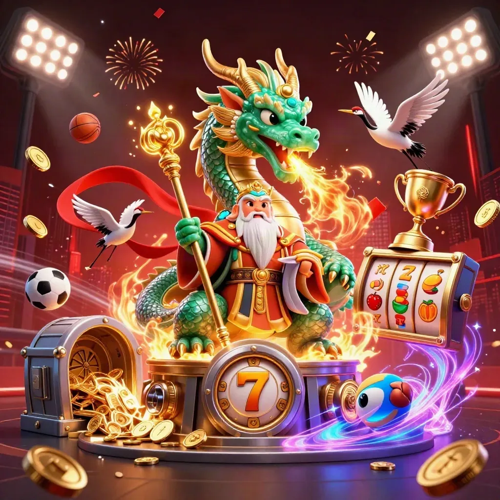 Emerald dragon, turtle sage, and cranes amid coins, fireworks, and slot symbols