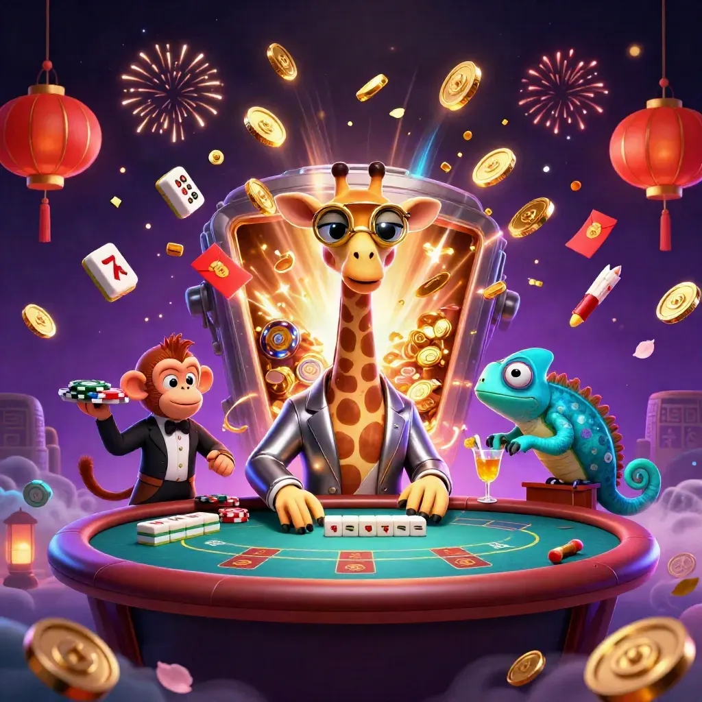 Giraffe, monkey valet, and chameleon bartender amid vault bursts, coins, fireworks, and neon casino glow.