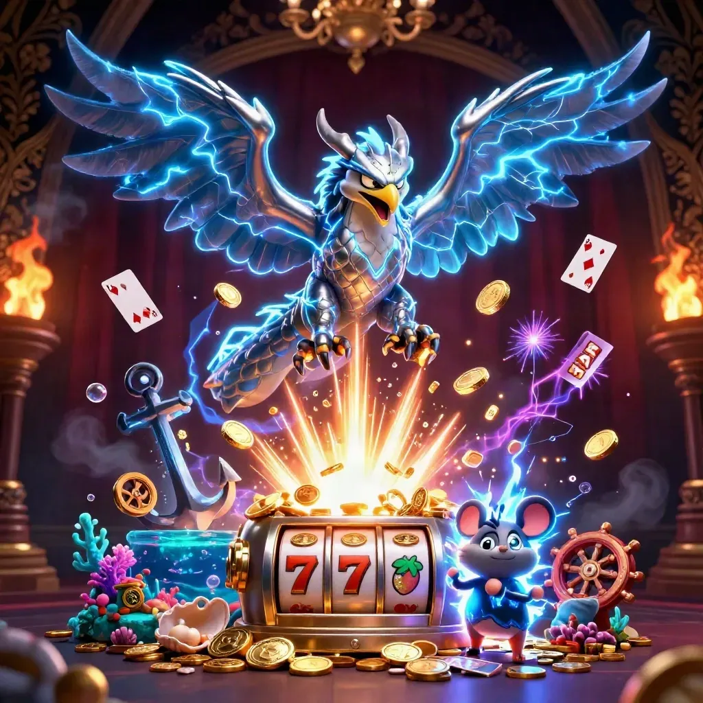 Thunder dragon, wind hawk, and static mouse amid coins, treasure, reels, and casino glow.