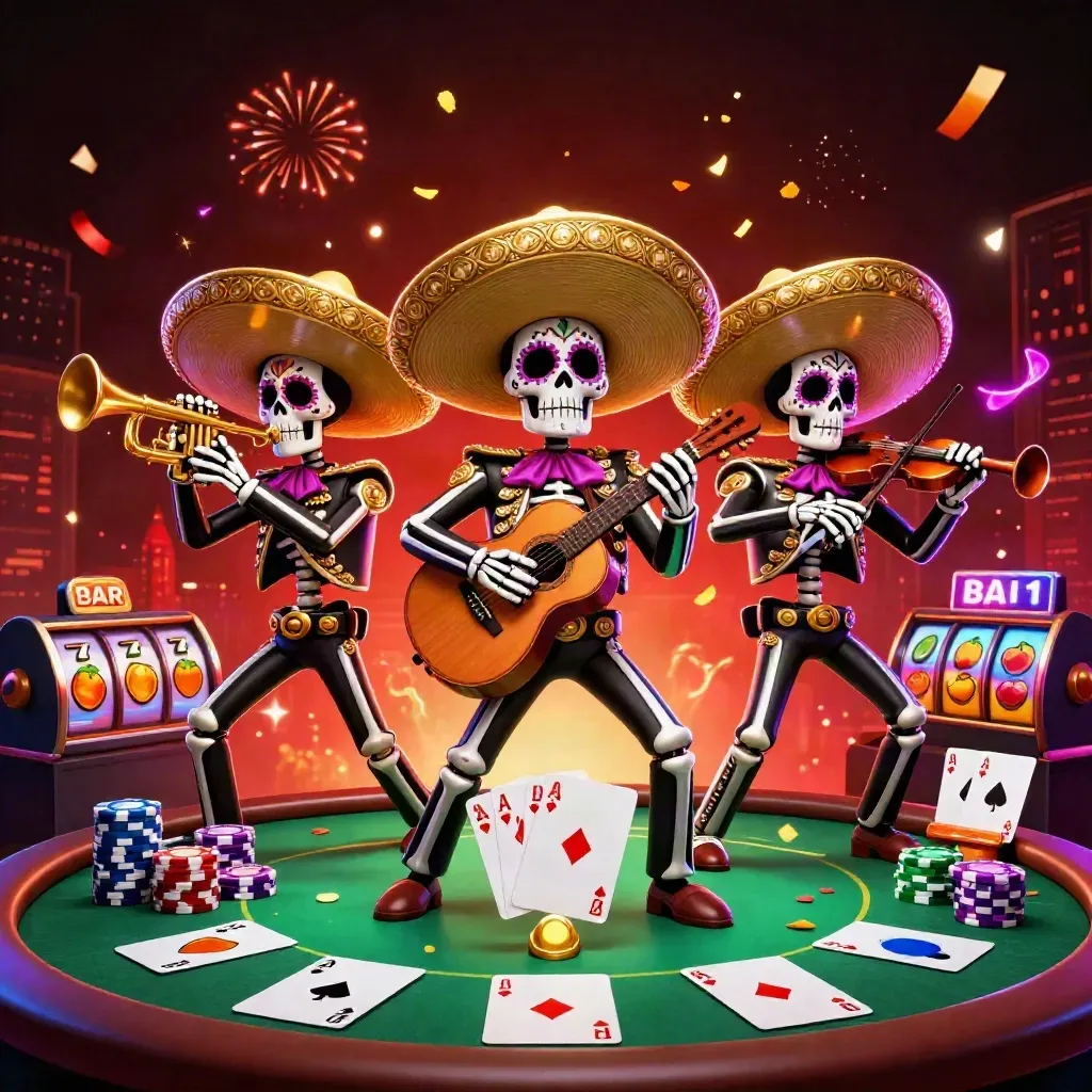 Day-of-the-Dead skeleton mariachi trio amid chips, cards, reels, coins, fireworks, and gold