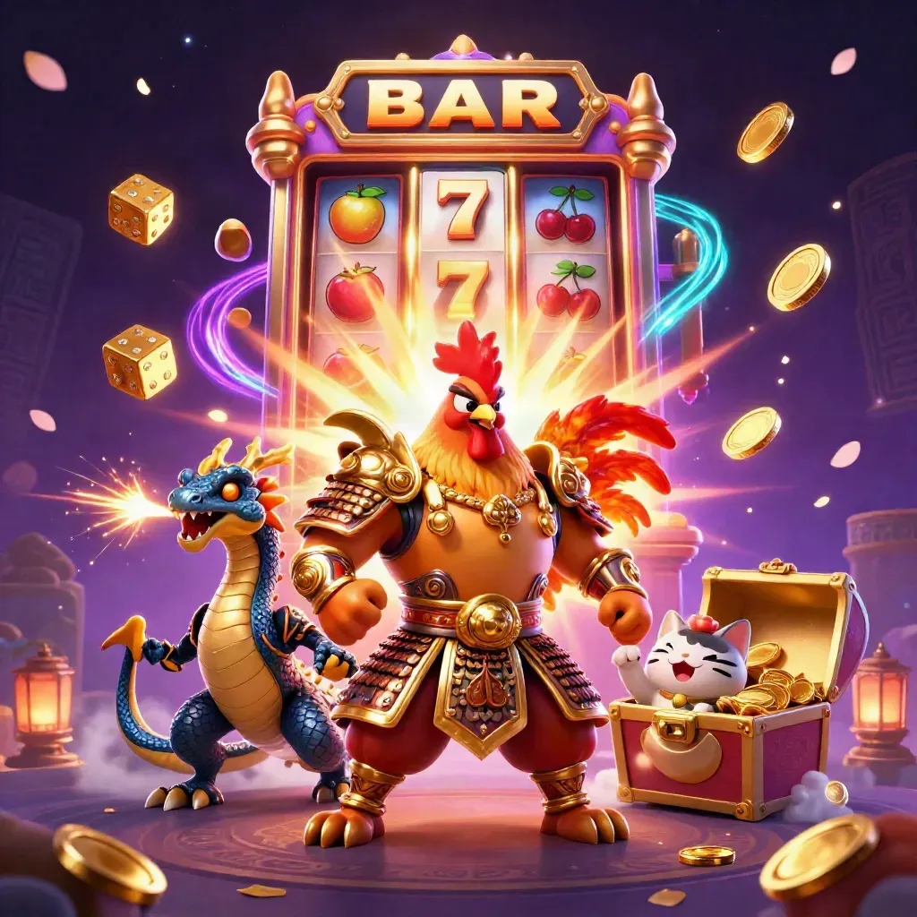 Rooster samurai, spark-breathing dragon hatchling, and fortune cat amid jackpot chaos.
