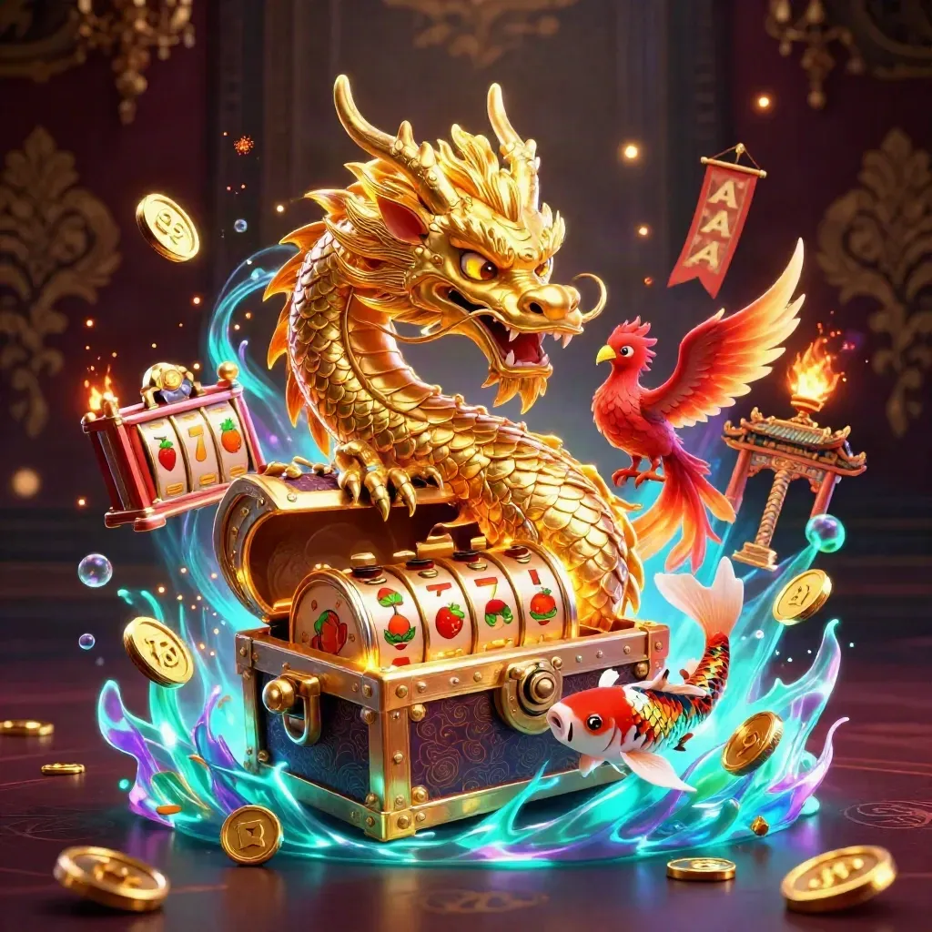 Golden dragon with phoenix and koi amid neon casino glow, treasure chest, reels, coins, and temple gate