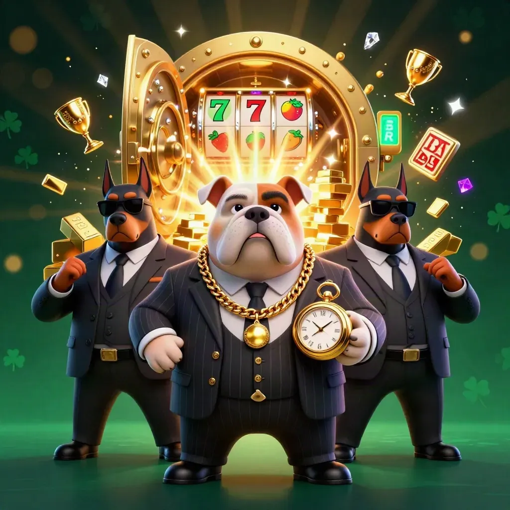 Bulldog mob boss with two Dobermans, vault blast, gold, gems, neon casino glow.