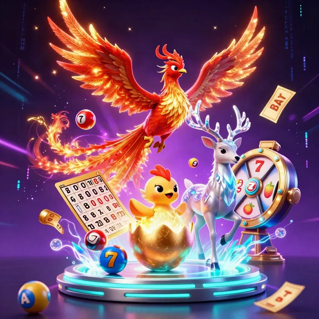 Phoenix, stag, and baby phoenix burst through neon casino effects with reels, balls, and gold confetti.