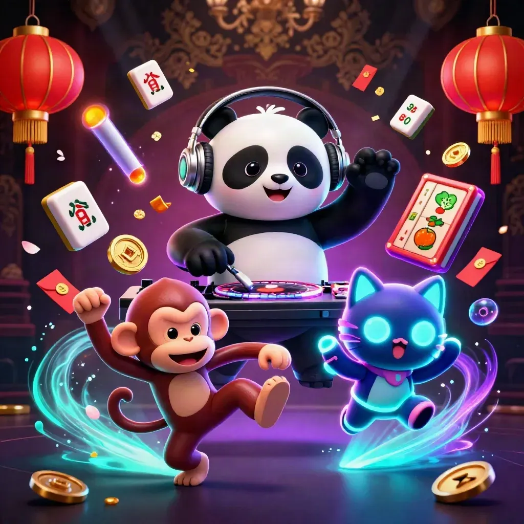 DJ panda, breakdancing monkey, and rave kitten amid casino symbols and neon glow