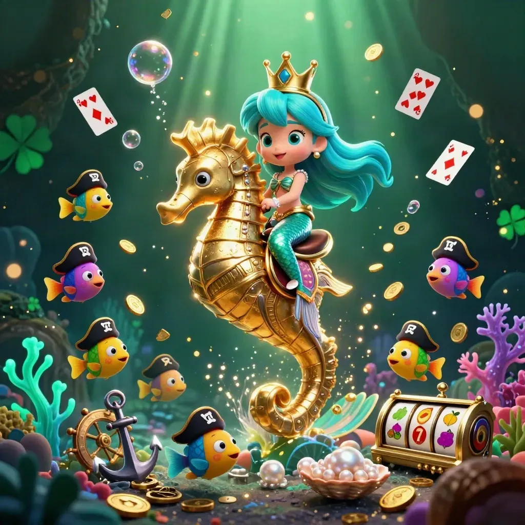 Mermaid princess on armored seahorse amid coins, coral, cards, and slot symbols in a dark neon underwater cove.
