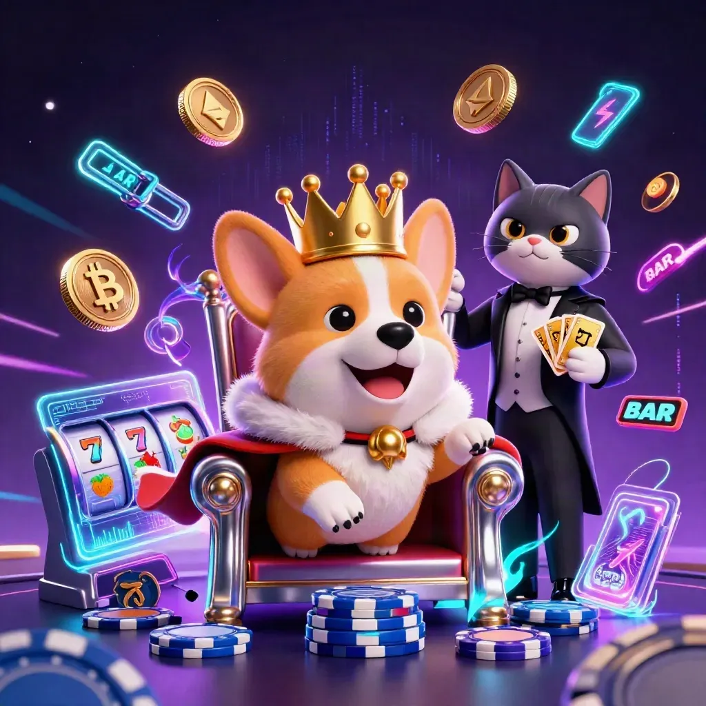 Royal corgi on chip throne with cat butler, neon coins, slot symbols, and electric casino glow