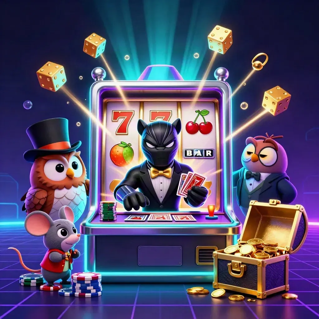 Panther, owl and mouse amid a bursting slot machine with chips, gold and neon glow