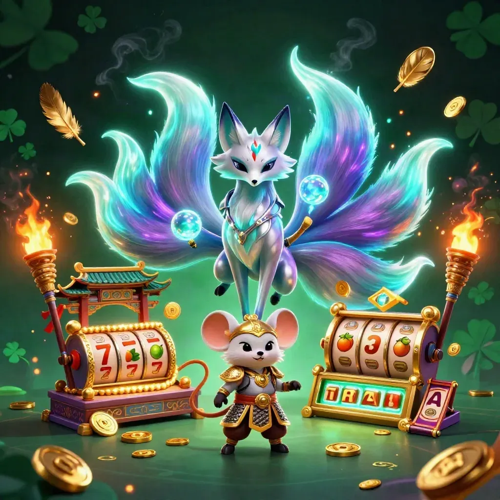 Fox spirit and samurai mouse amid casino relics, coins, neon reels, and temple glow